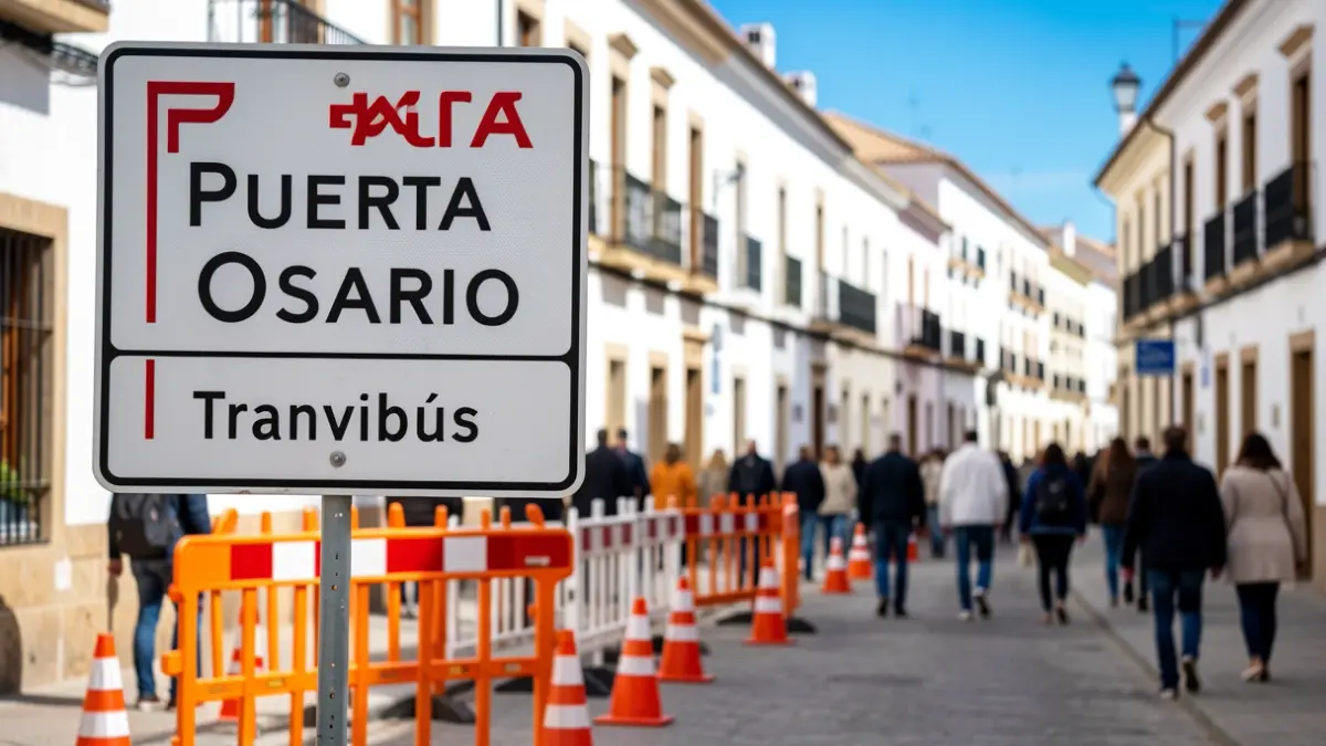 Traffic closure at Puerta Osario due to Tranvibús construction.