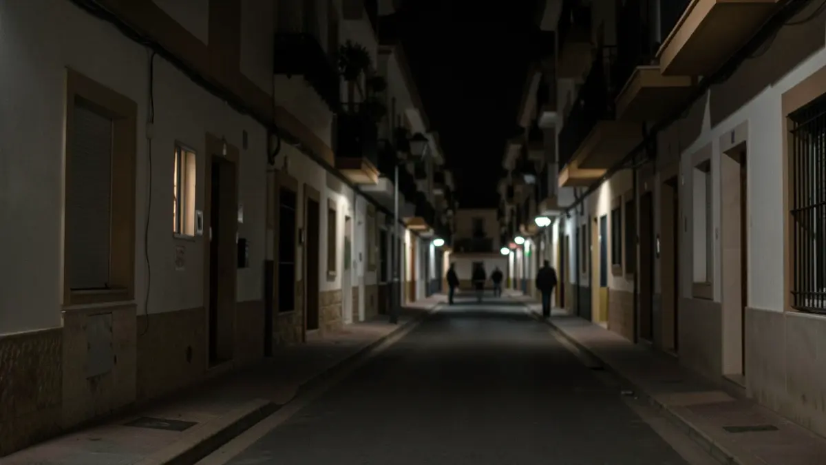 Imagen genérica de una calle residencial oscura con algunas luces encendidas y otras apagadas.