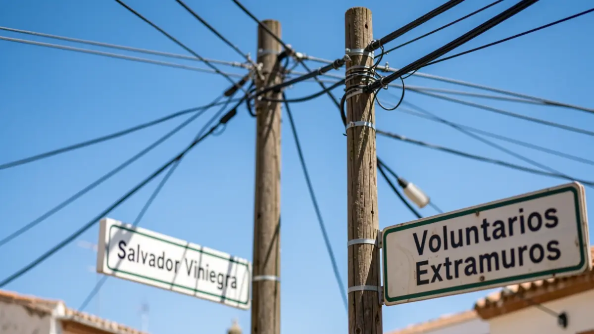Electrical pole with wires and street signs in Cadiz.