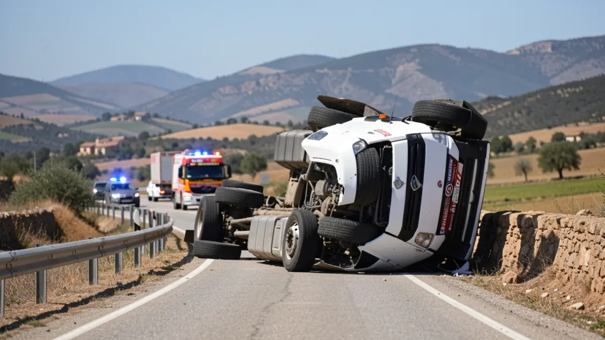Camión volcado en la carretera A-348 en Almegíjar, Granada, con tráfico desviado.