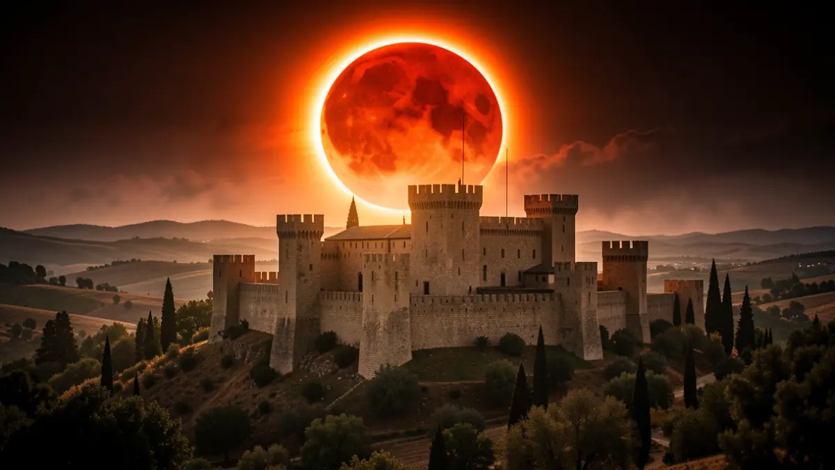 Castillo medieval bajo un eclipse solar total, evocando misterio y leyenda.
