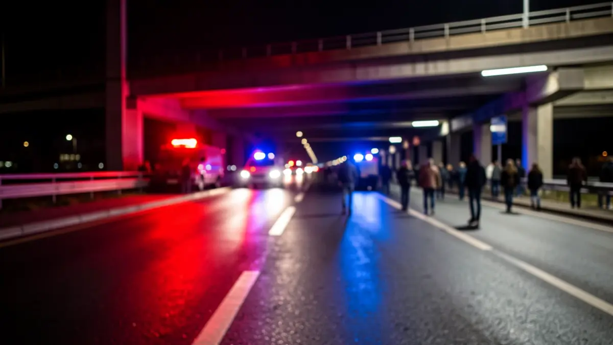 Generic image of emergency lights reflecting on wet asphalt at night.