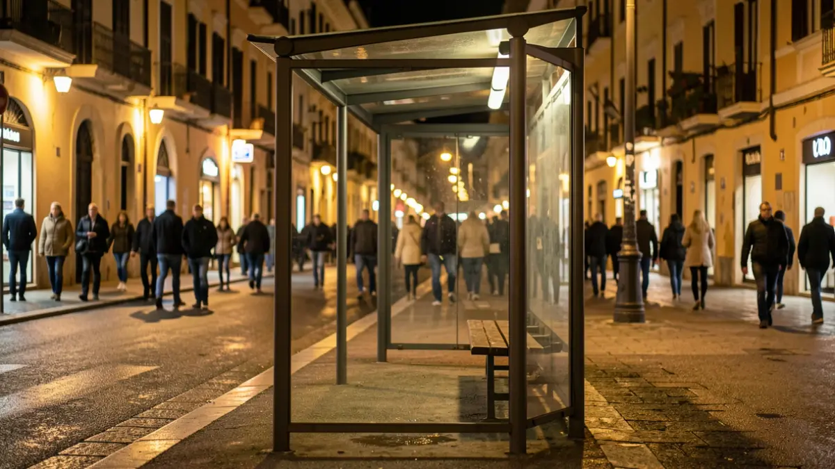 Imagen genérica de una parada de autobús urbana durante la noche.