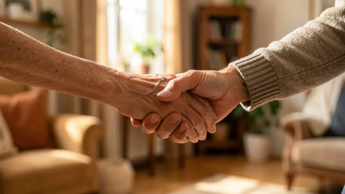 Primer plano de una mano sosteniendo la mano de una persona mayor en un hogar.