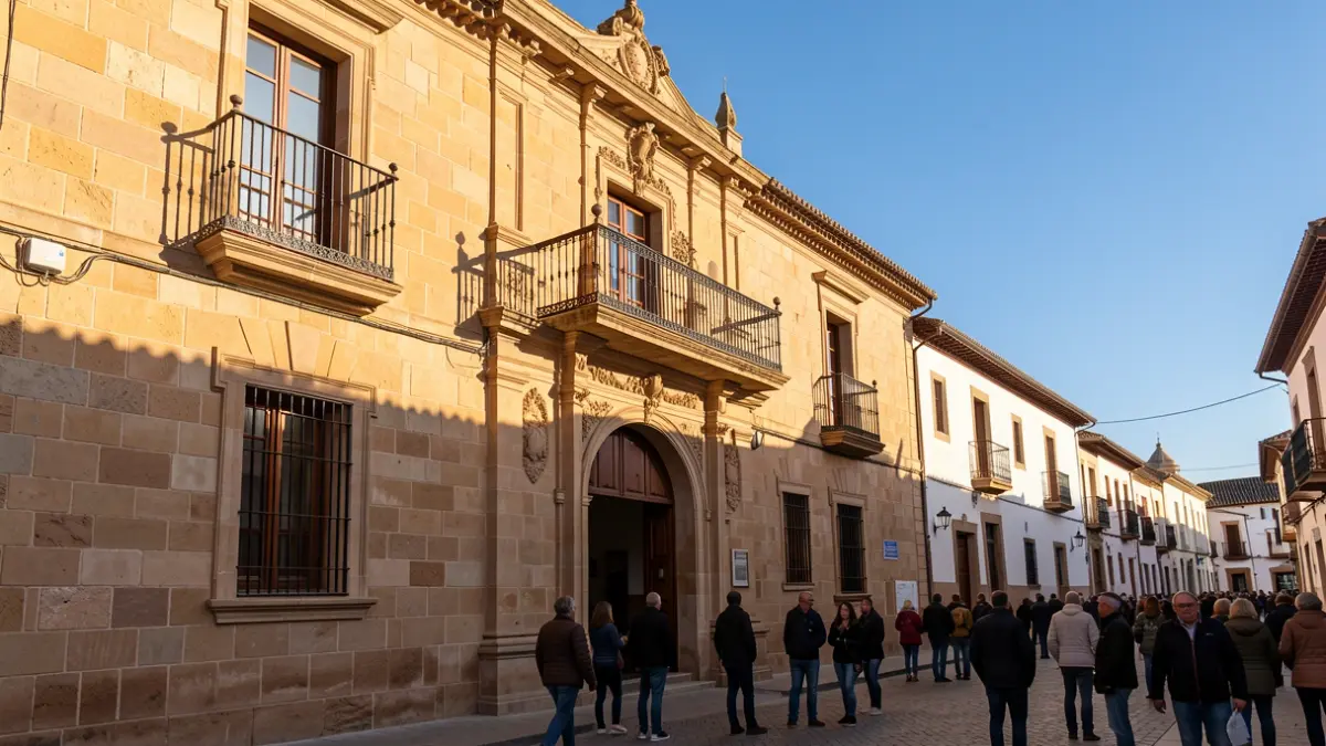 Facade of a traditional Andalusian town hall with a balcony and iron railings, afternoon light.