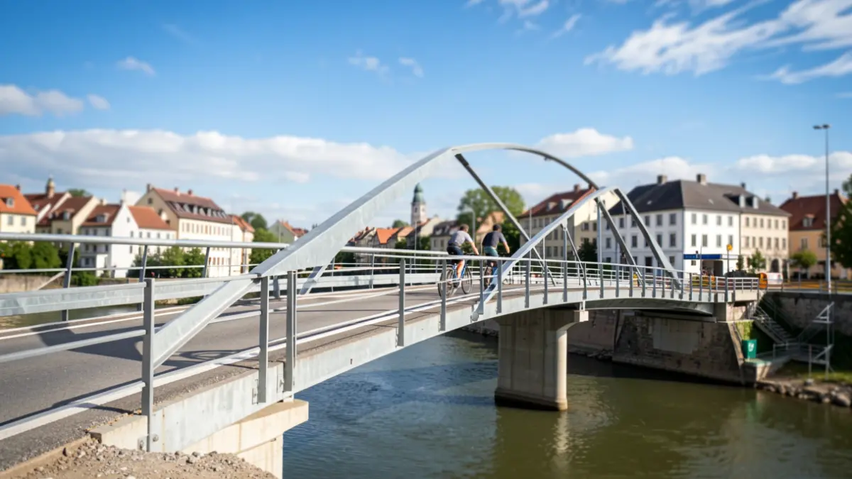 Pedestrian and cyclist bridge under construction over a river to connect Cúllar Vega with the Metro station.