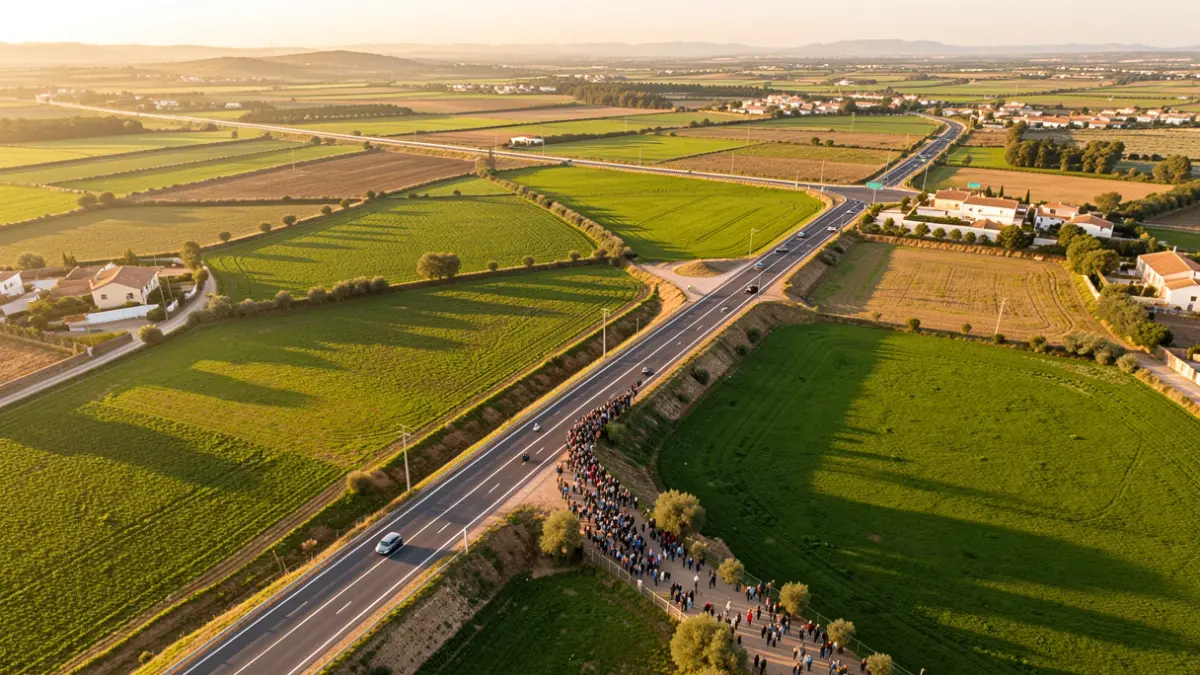 Vista aérea de un paisaje rural en Andalucía con una propuesta de trazado de autovía.