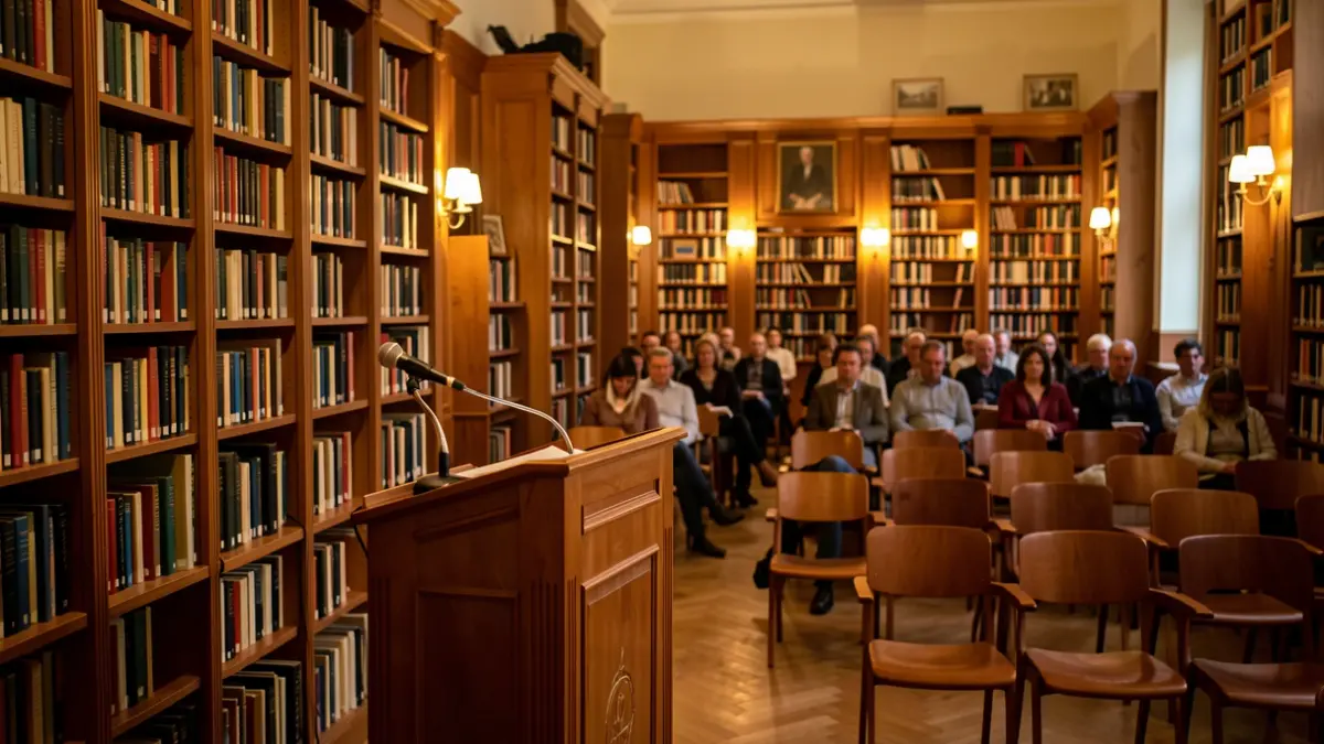 Generic image of a library with wooden bookshelves and a podium for presentations.