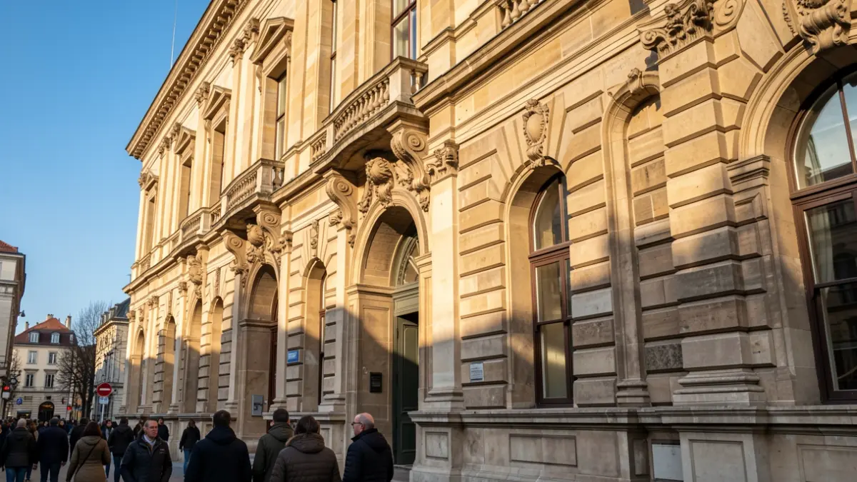 Historic stone facade with architectural details under sunlight.