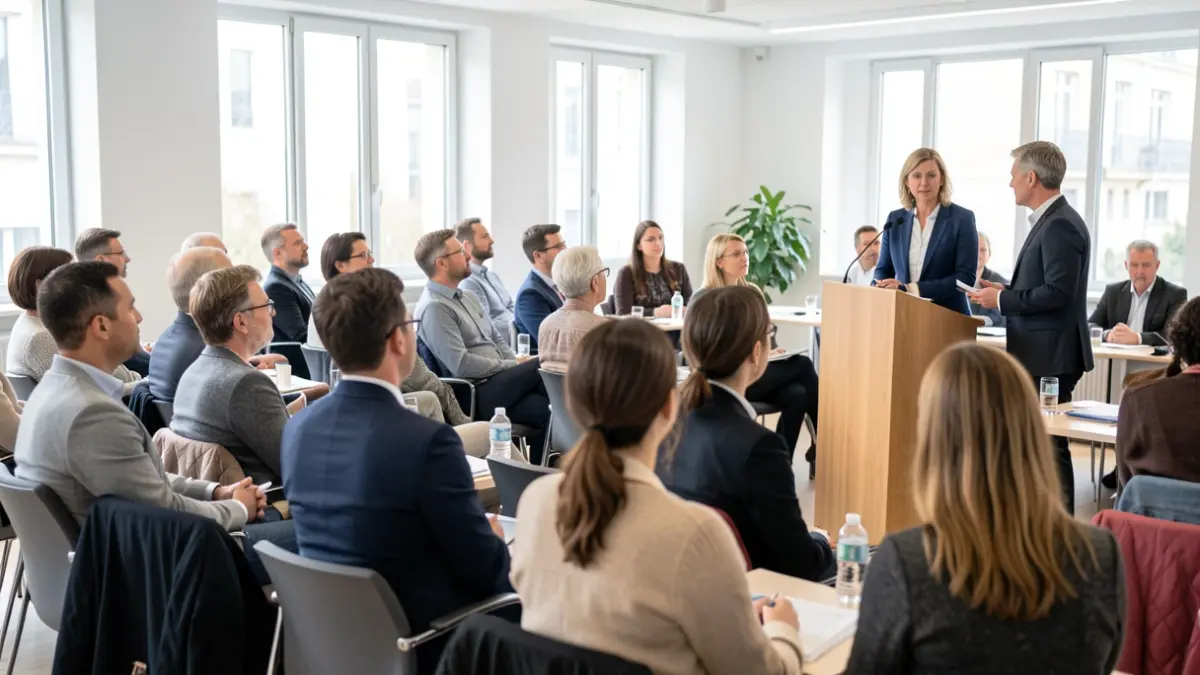 Generic image of a course or seminar with an attentive audience and a speaker.