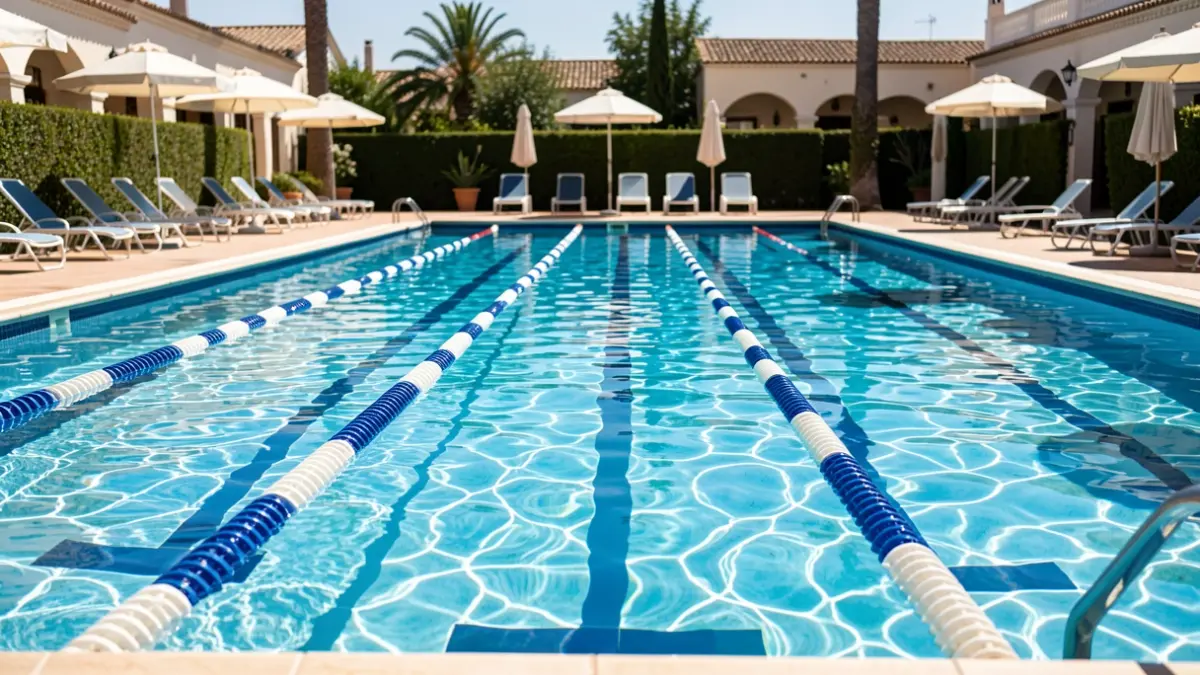 Municipal pool in Andalucía with chairs and umbrellas outside.