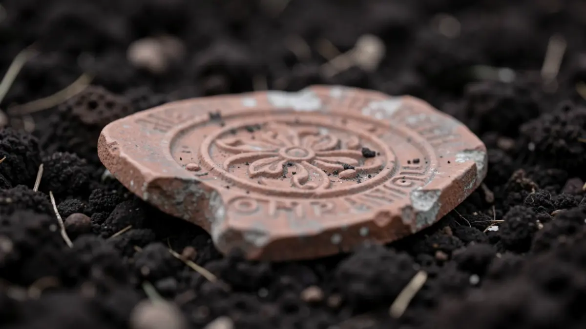 Ancient Roman pottery shard on dark soil.
