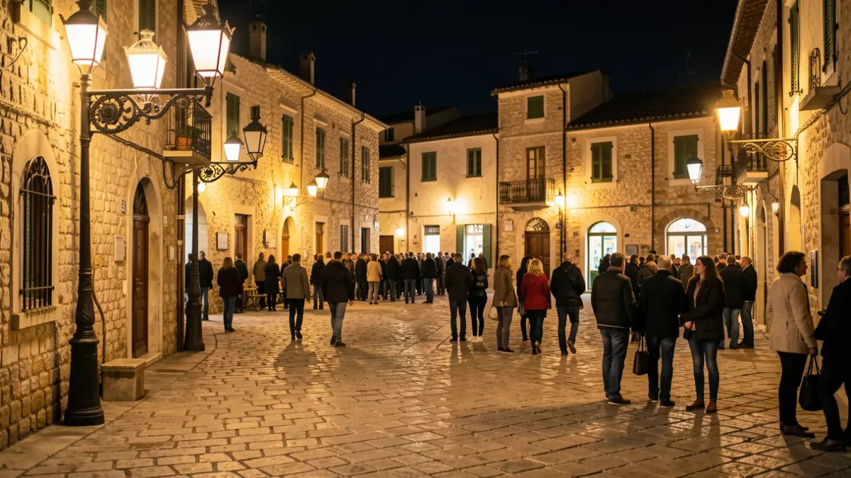 Generic image of an Andalusian town square illuminated at night.