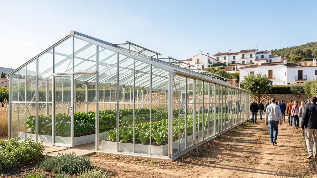 Image of a modern greenhouse in the field of Dalías, Almería, with traditional buildings in the background.