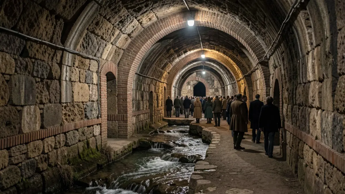 Interior of ancient Roman underground galleries in Jaén with a stream and historical markings.
