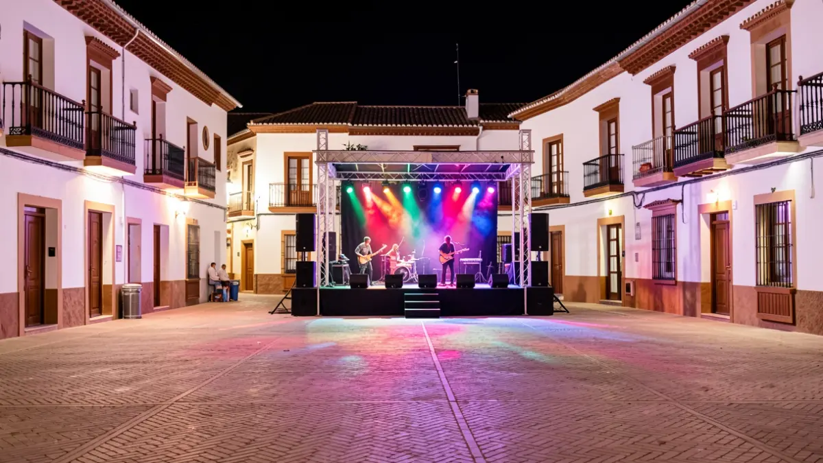 Imagen genérica de una plaza andaluza por la noche con un escenario preparado para un concierto.