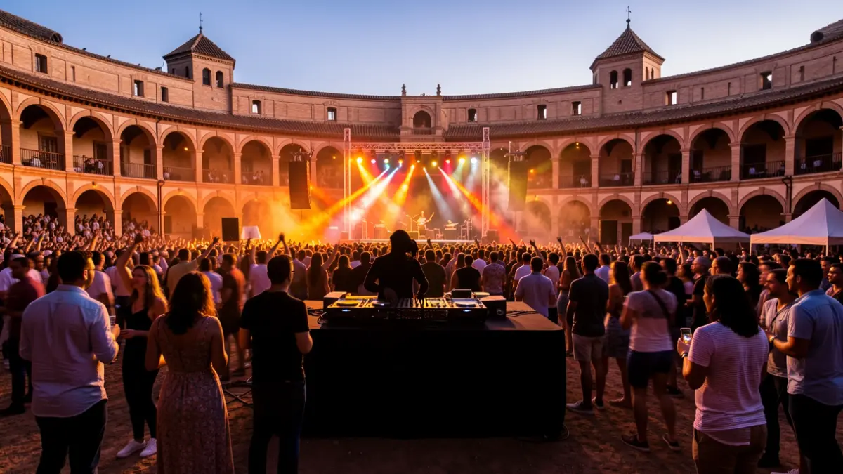 Generic image of an outdoor urban music festival in an Andalusian bullring at dusk.