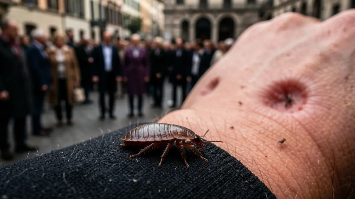Primer plano de una chinche sobre una superficie oscura, con picaduras de insectos borrosas en la piel al fondo.