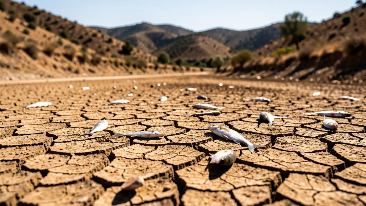 Dry riverbed in Andalusia with dead fish and cracked earth under an intense sun.