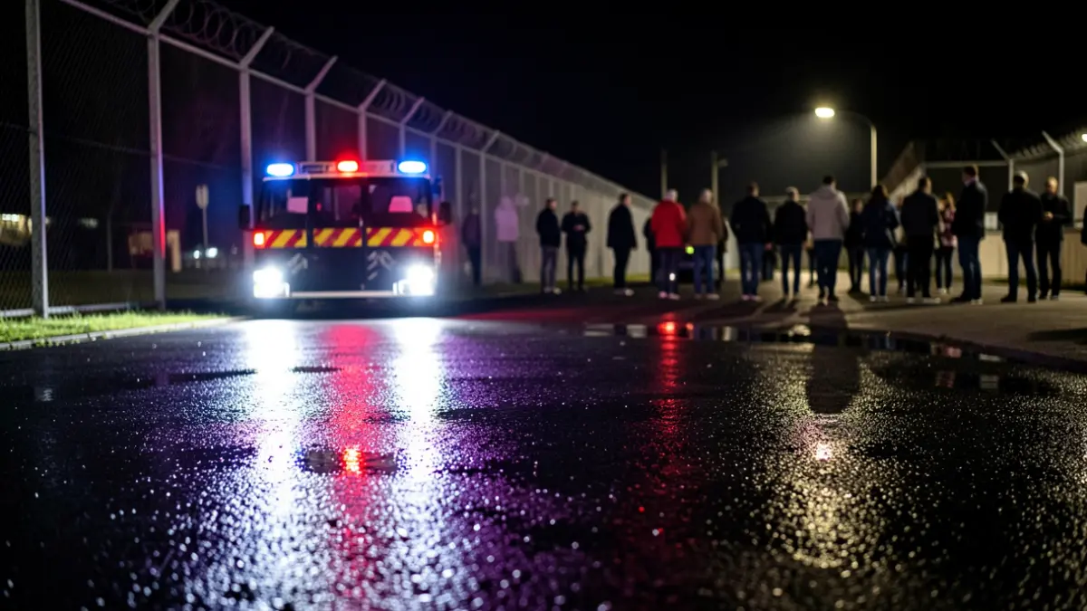 Generic image of emergency lights reflected on asphalt at night.