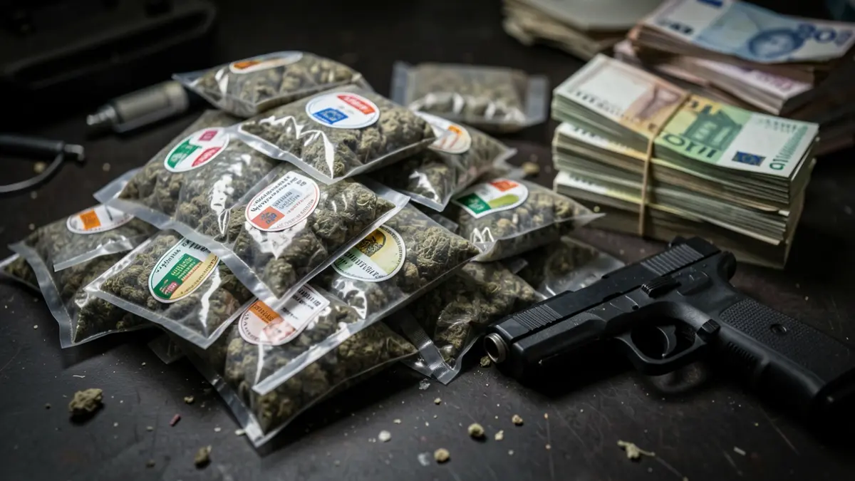Bags of marijuana, cash, and a handgun seized by the Guardia Civil.
