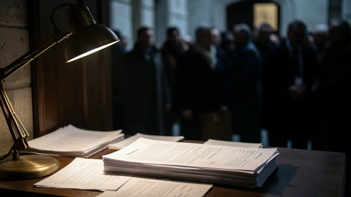 Imagen genérica de documentos y una lámpara de escritorio en una habitación oscura.