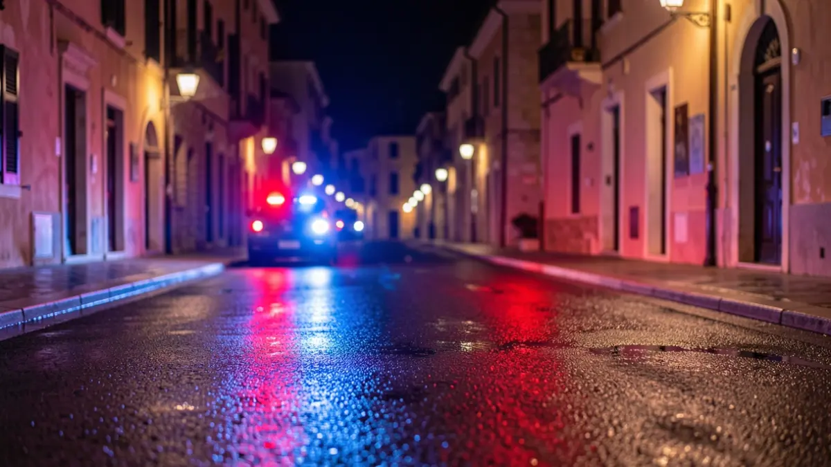 Imagen genérica de luces de emergencia policiales reflejadas en el asfalto durante la noche.