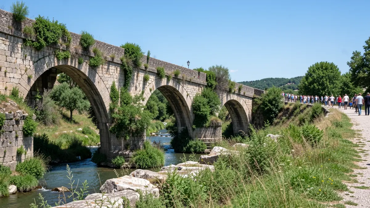 Roman Bridge of Villa del Río with vegetation and river.