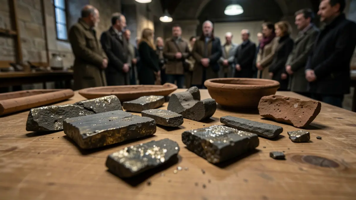 Fragmentos antiguos de plomo y vasijas de cerámica con residuos metálicos.