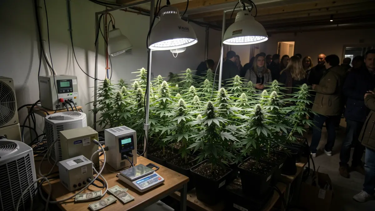 Image of an indoor marijuana plantation with cultivation equipment and a precision scale.