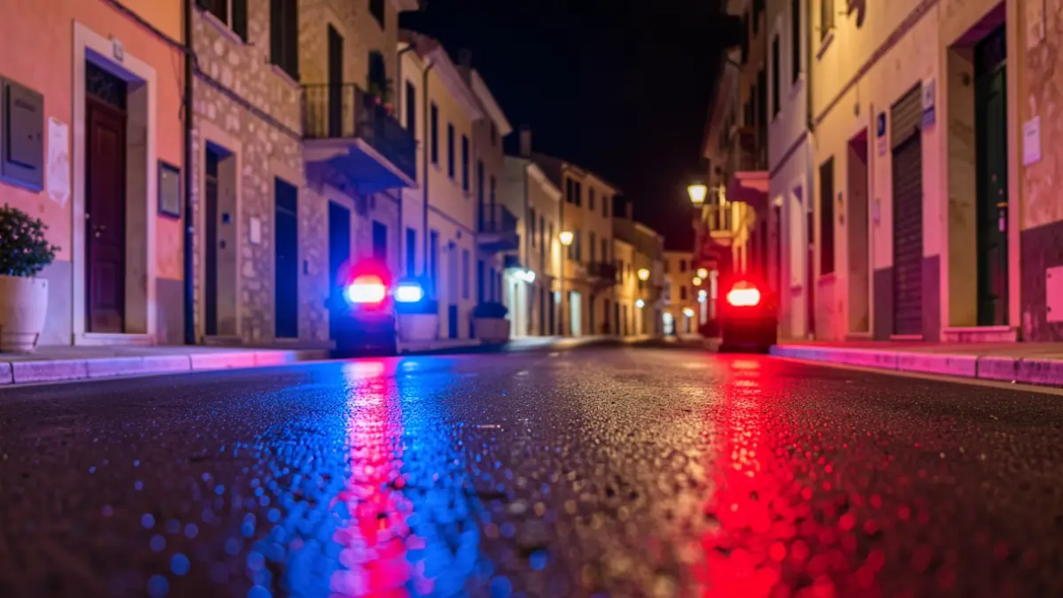 Generic image of police emergency lights reflecting on asphalt at night.