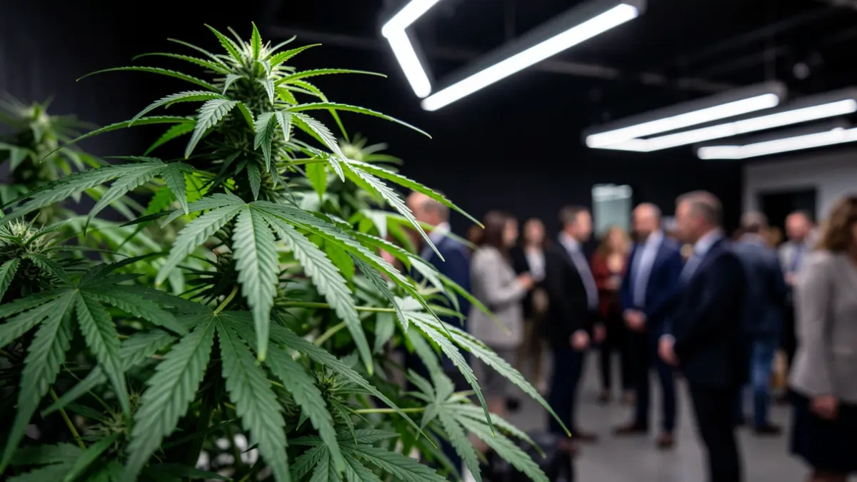 Marijuana plant grown indoors under artificial lights.