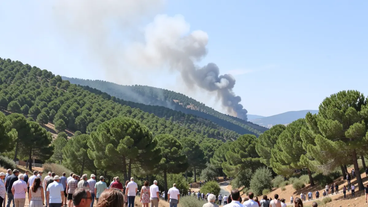Column of smoke over a forest area in the Guadiato valley.