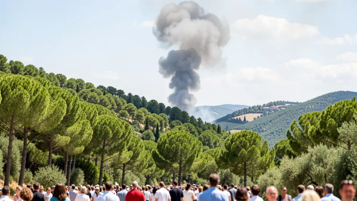 Column of smoke over a forest in a natural setting.