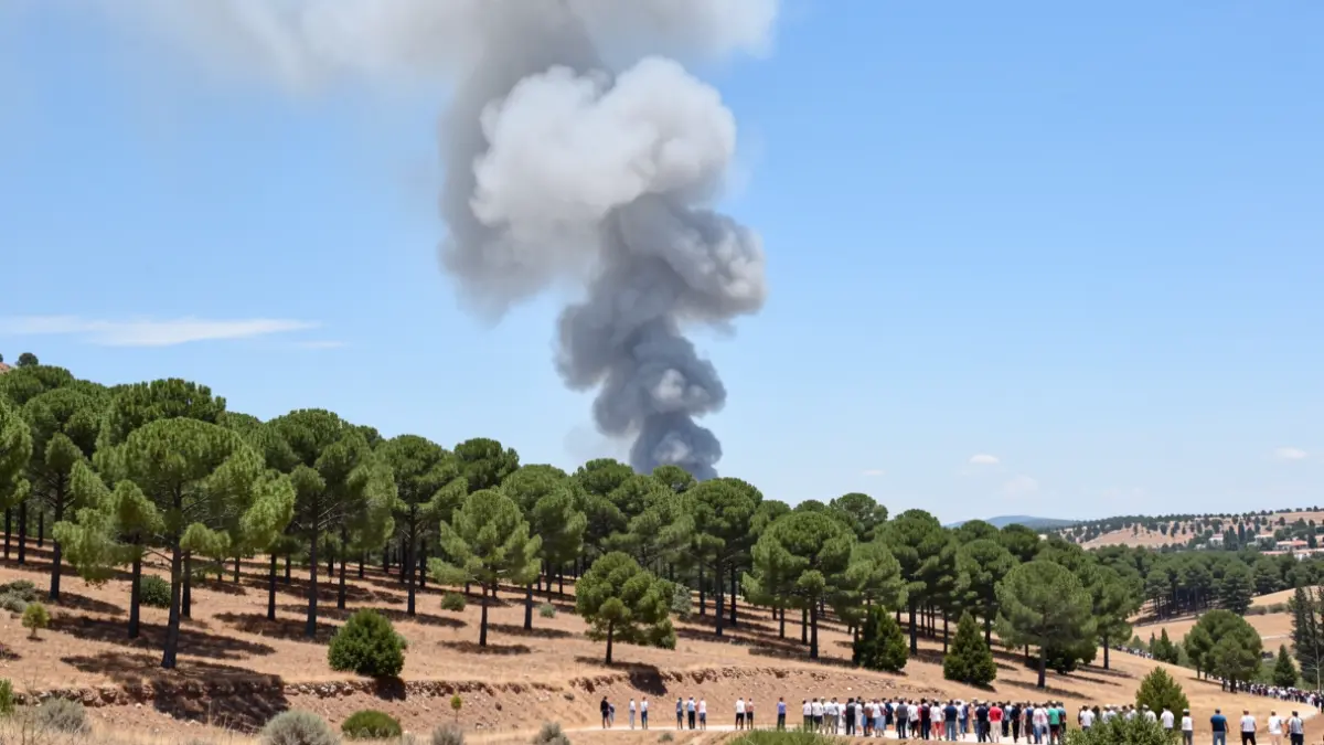 Column of smoke over a forest in the province of Sevilla during a wildfire.
