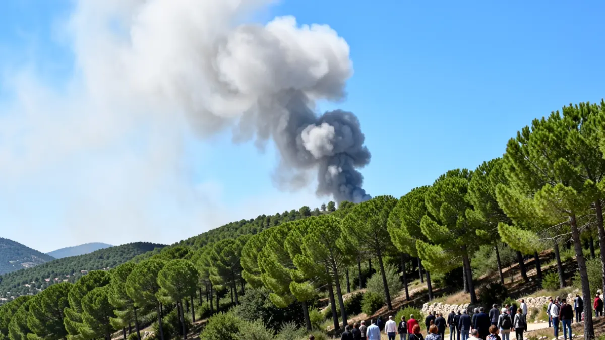 Column of smoke rising over a forest in a natural setting.