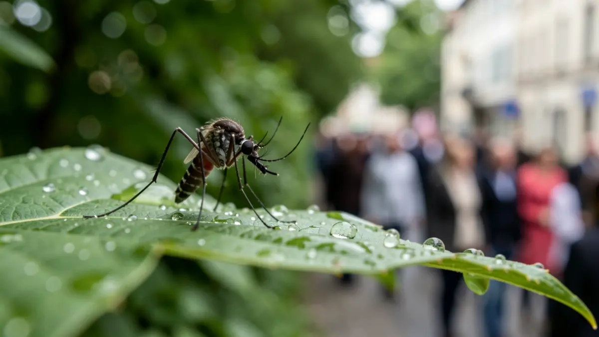 Close-up of a mosquito on a leaf with dew drops.