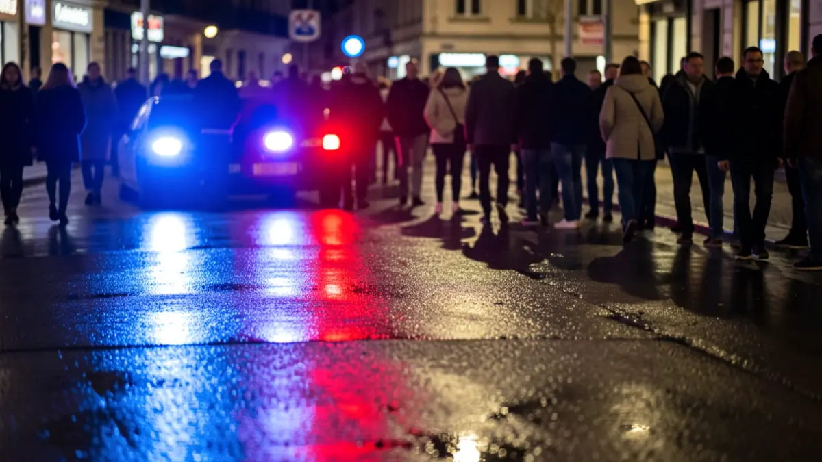 Generic image of police emergency lights reflecting on wet asphalt.