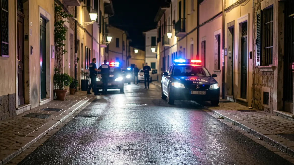 Police lights reflecting on wet asphalt at night in a narrow street.