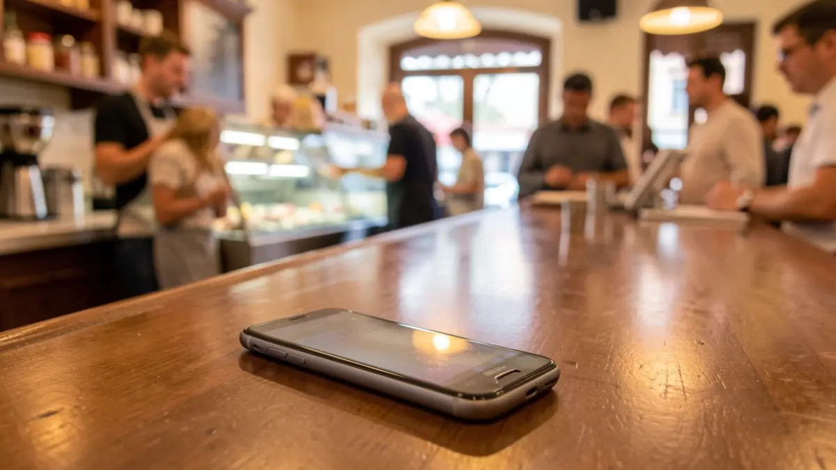 Primer plano de un teléfono móvil sobre la barra de una heladería concurrida.