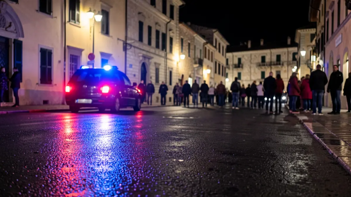 Generic image of police emergency lights reflecting on asphalt at night.