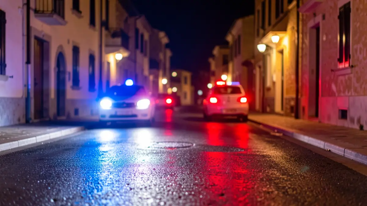 Imagen genérica de luces de emergencia policiales reflejadas en el asfalto durante la noche.