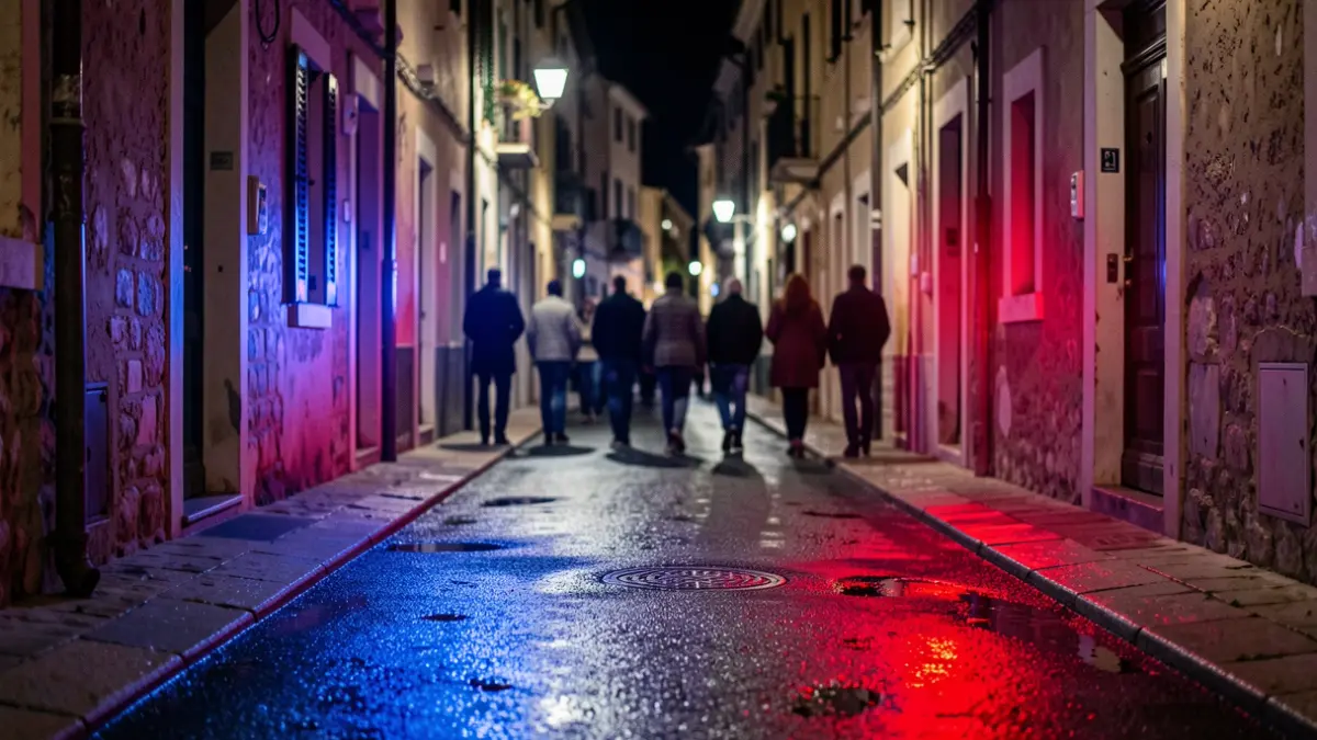 Imagen genérica de luces de emergencia policiales reflejadas en el asfalto durante la noche.