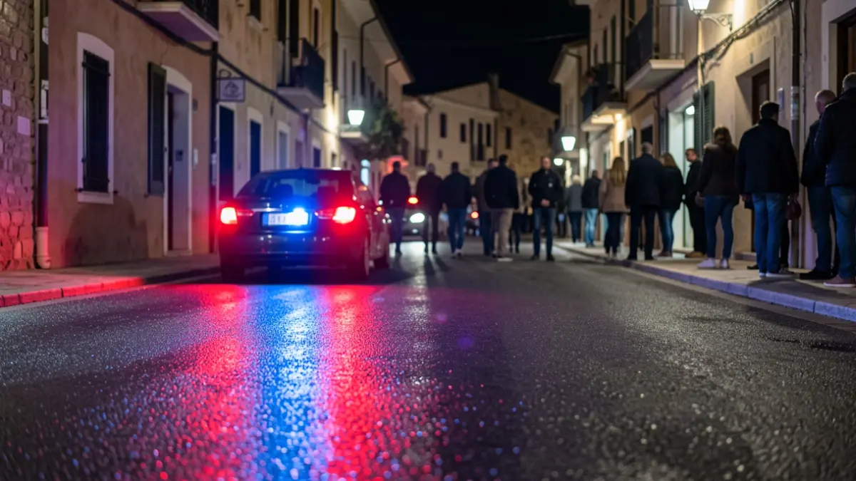 Imagen genérica de luces de emergencia policiales reflejadas en el asfalto durante la noche.