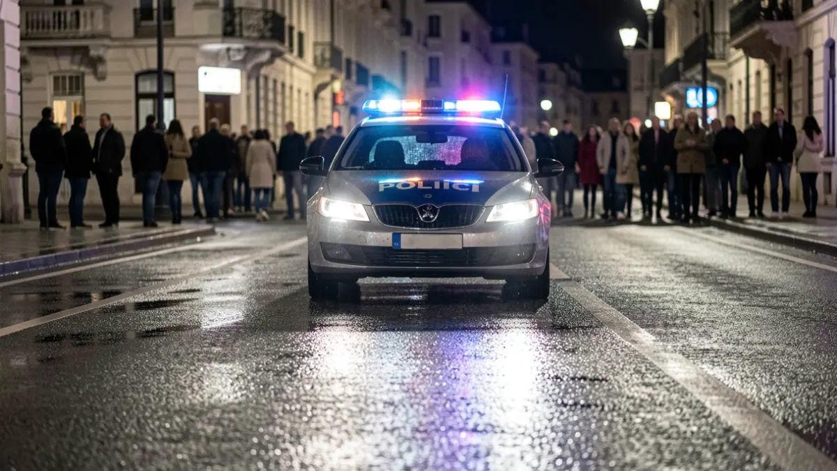 Imagen genérica de luces de emergencia policiales reflejando en asfalto mojado.