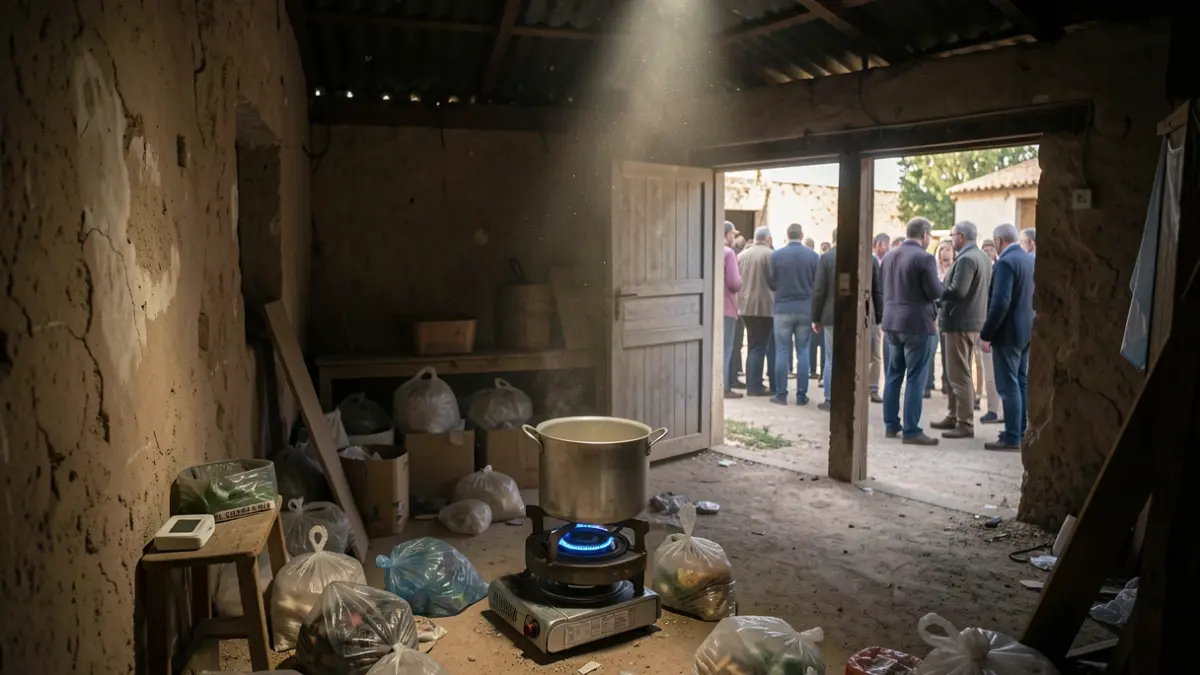 Interior de un cobertizo abandonado en Andalucía con equipo para cortar y pesar drogas.