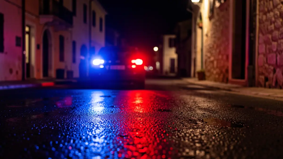 Imagen genérica de luces de emergencia policiales reflejadas en el asfalto durante la noche.