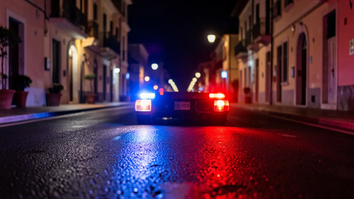 Generic image of police emergency lights reflecting on asphalt at night.