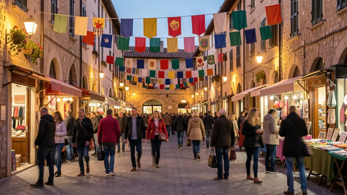 Imagen genérica de una calle comercial animada al atardecer con luces y gente.