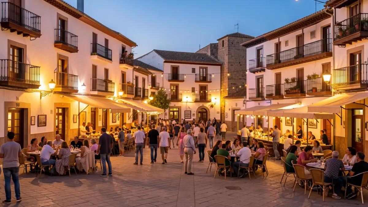 Generic image of an Andalusian town square with a festive atmosphere at dusk.